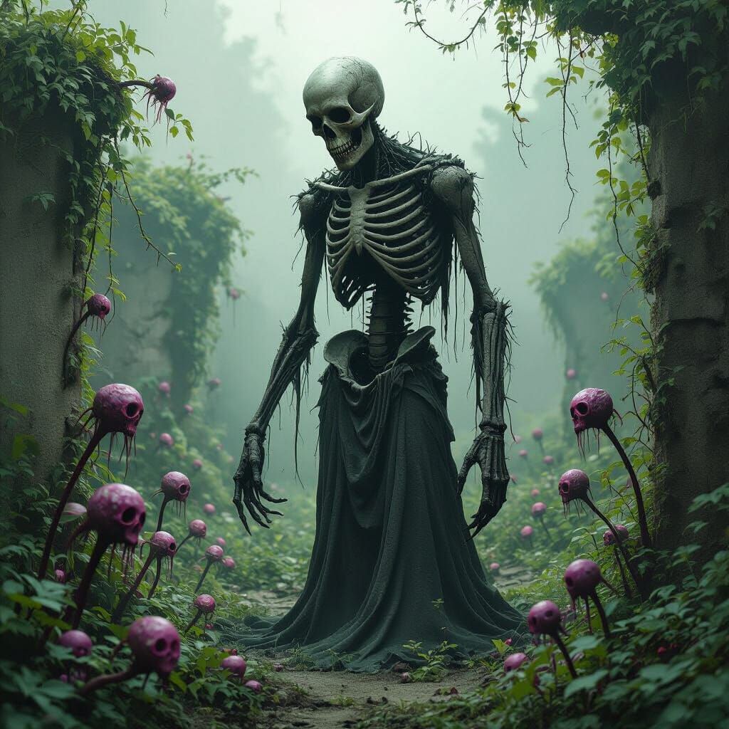 Skeletal Figure in Bio-Horror Garden