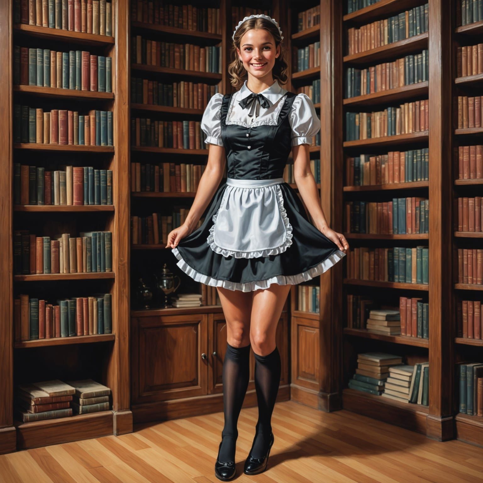 French Maid Dusting Bookshelf: Hyperrealistic Concept Art