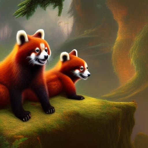 Fantastical Red Pandas in Detailed Matte Painting