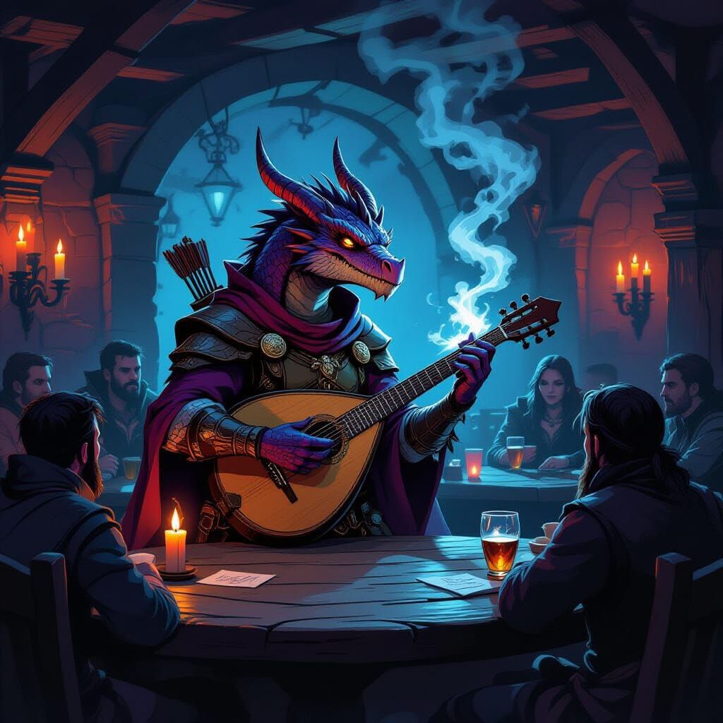 A dragonborn bard strums a lute in a smoky tavern, captivating the patrons with a haunting melody.