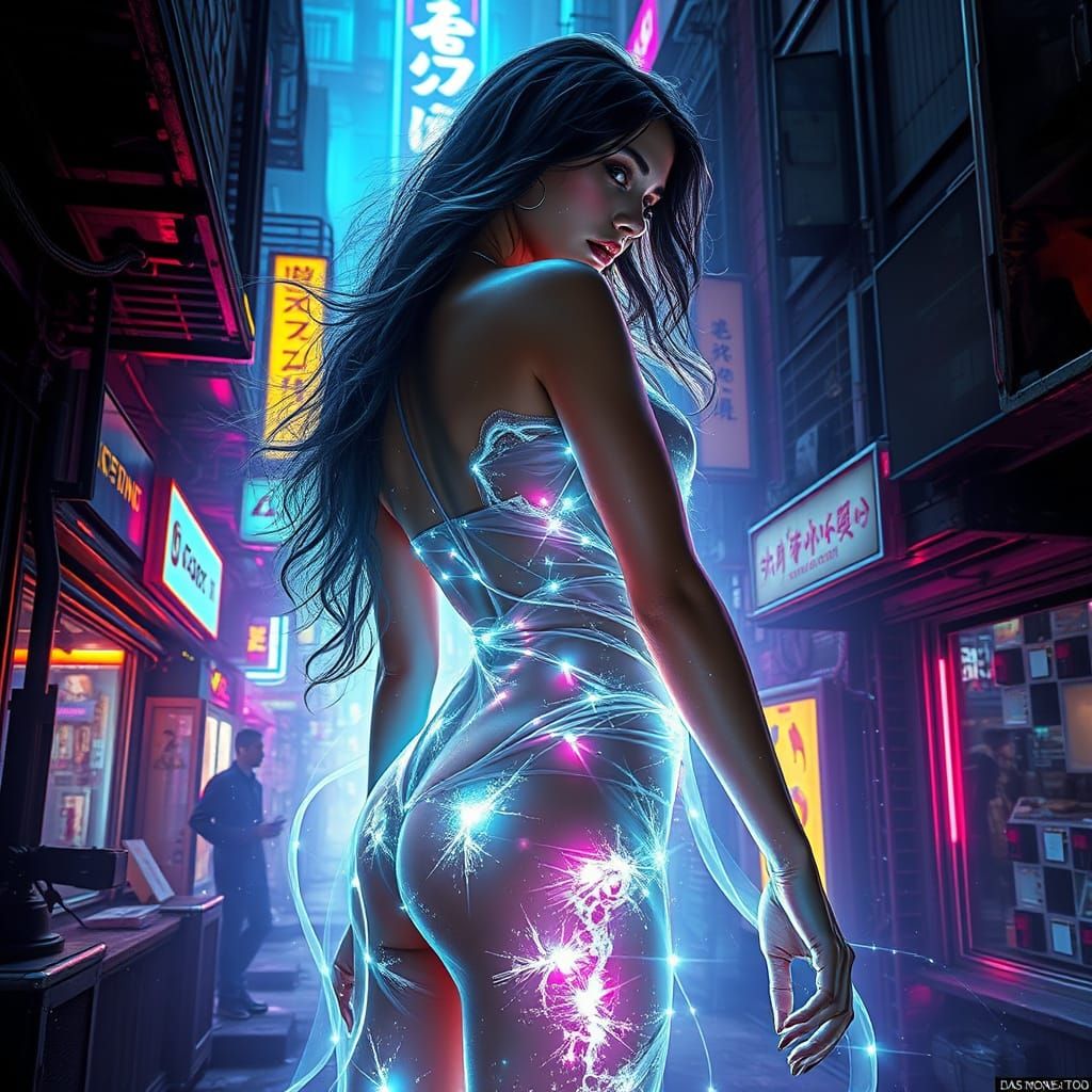 Ethereal Goddess in Neon-Lit Gothic Cityscape