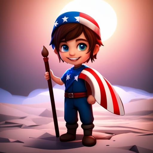Smiling Chibi Boy with Flag, Detailed Digital Art