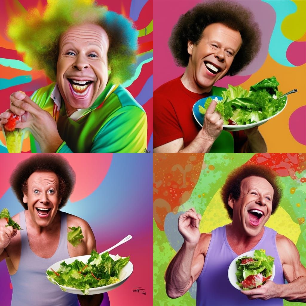 Hyperrealistic Richard Simmons Laughing Eating Salad