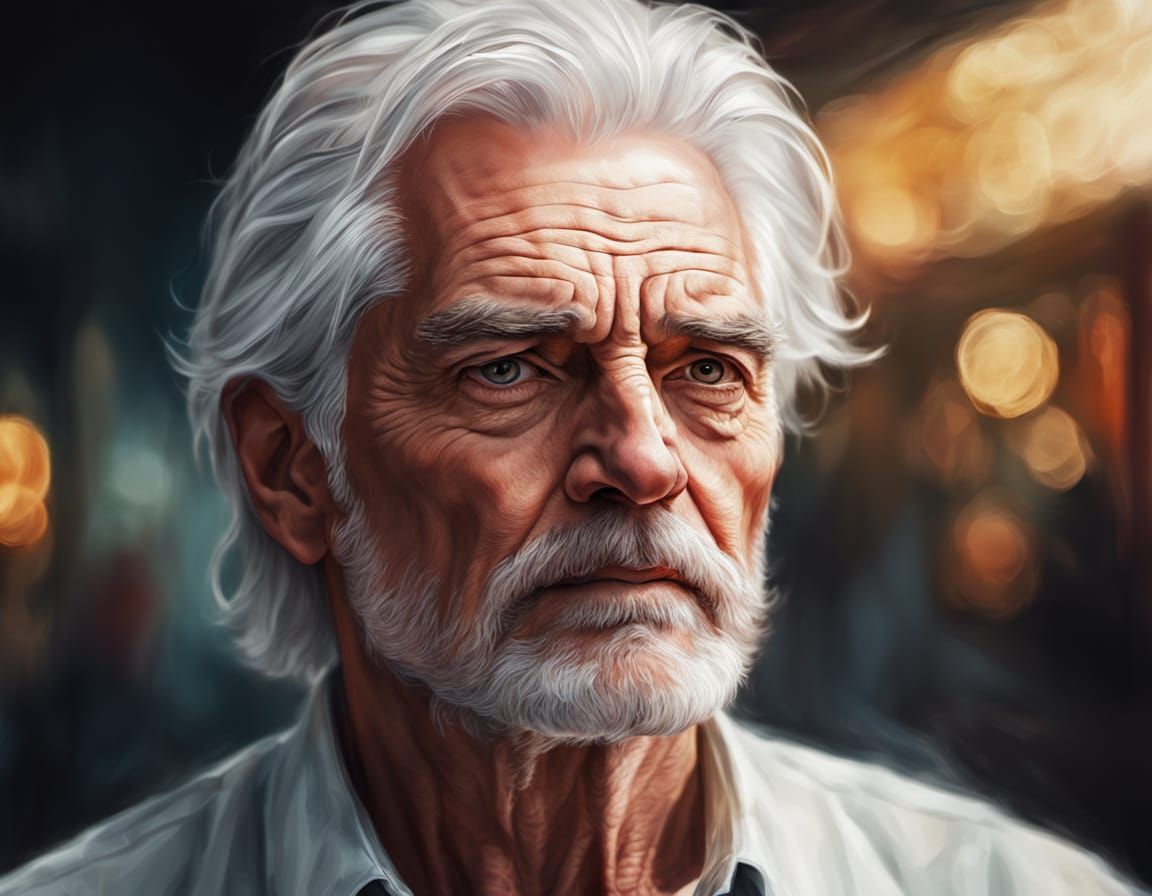 Intense White-Haired Man: Vibrant Oil Painting Portrait