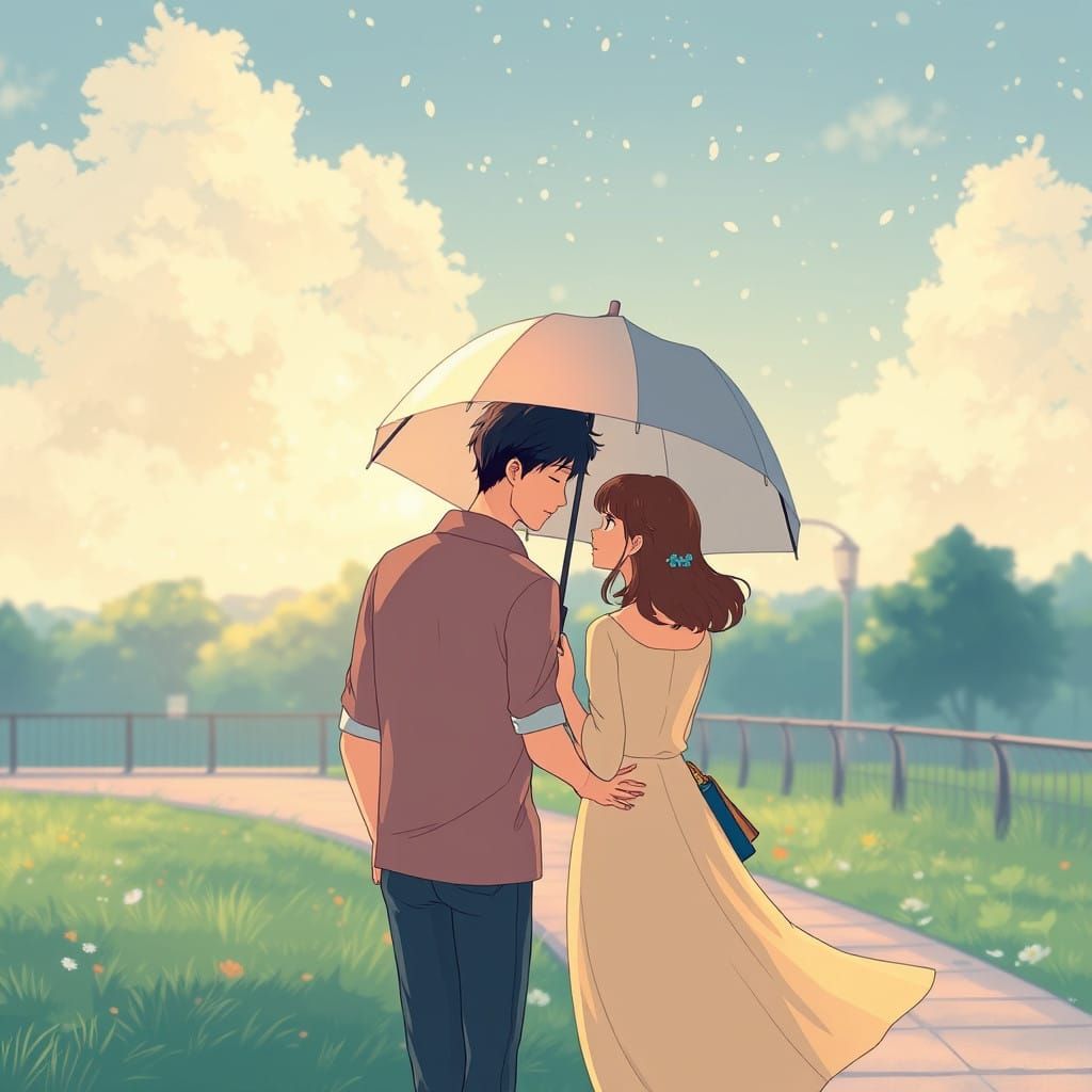 Romantic Couple Strolls Under Umbrella in Cinematic Anime St...