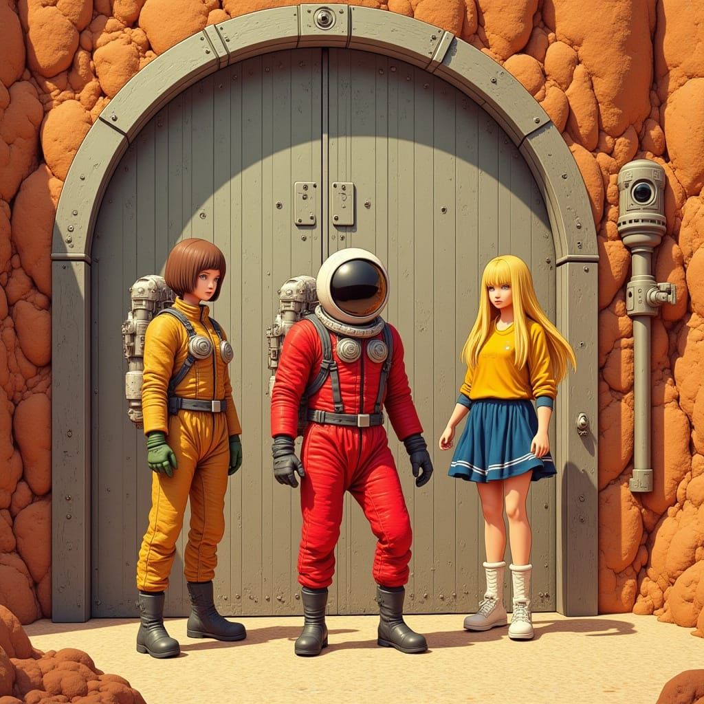 Astronauts Standing Before Futuristic Metallic Doorway in Ro...