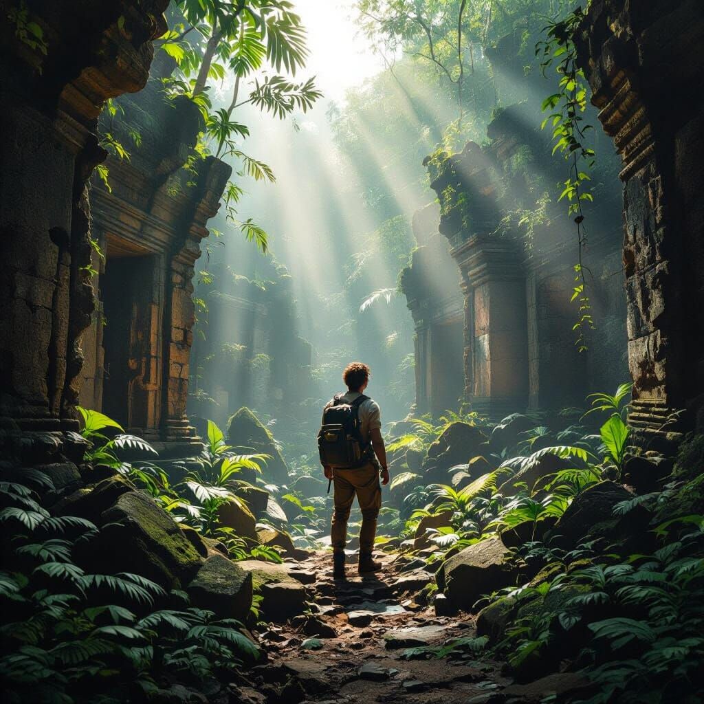 Explorer Among Ancient Jungle Ruins With Dramatic Sunlight