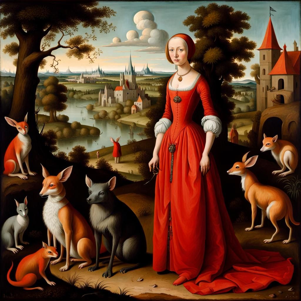 Surreal Medieval Scene with Woman in Red Dress