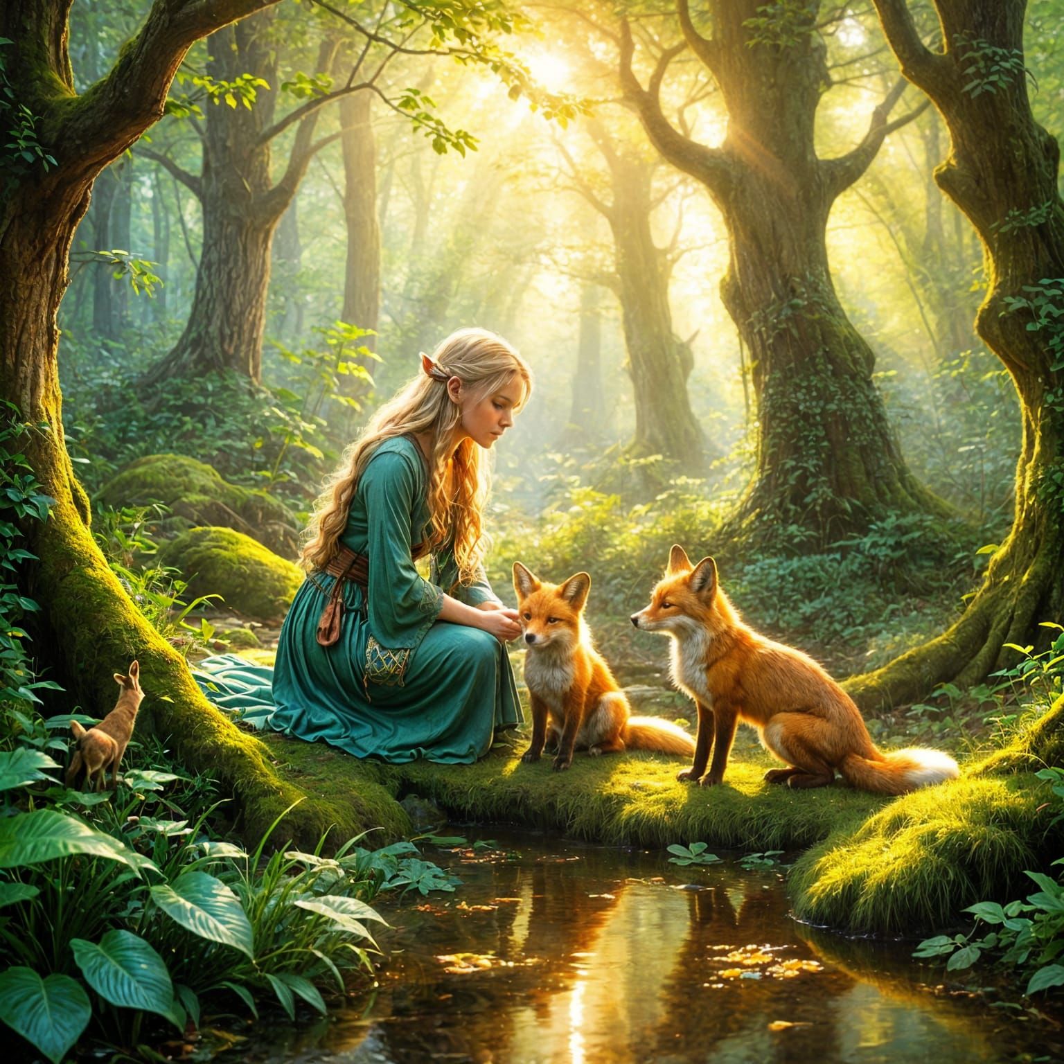 Wood Elven Woman Petting Fox in Enchanted Forest