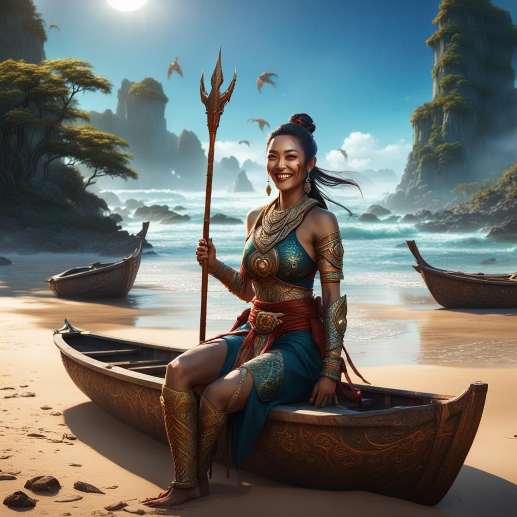 Smiling Woman on Sunny Beach as Matte Painting