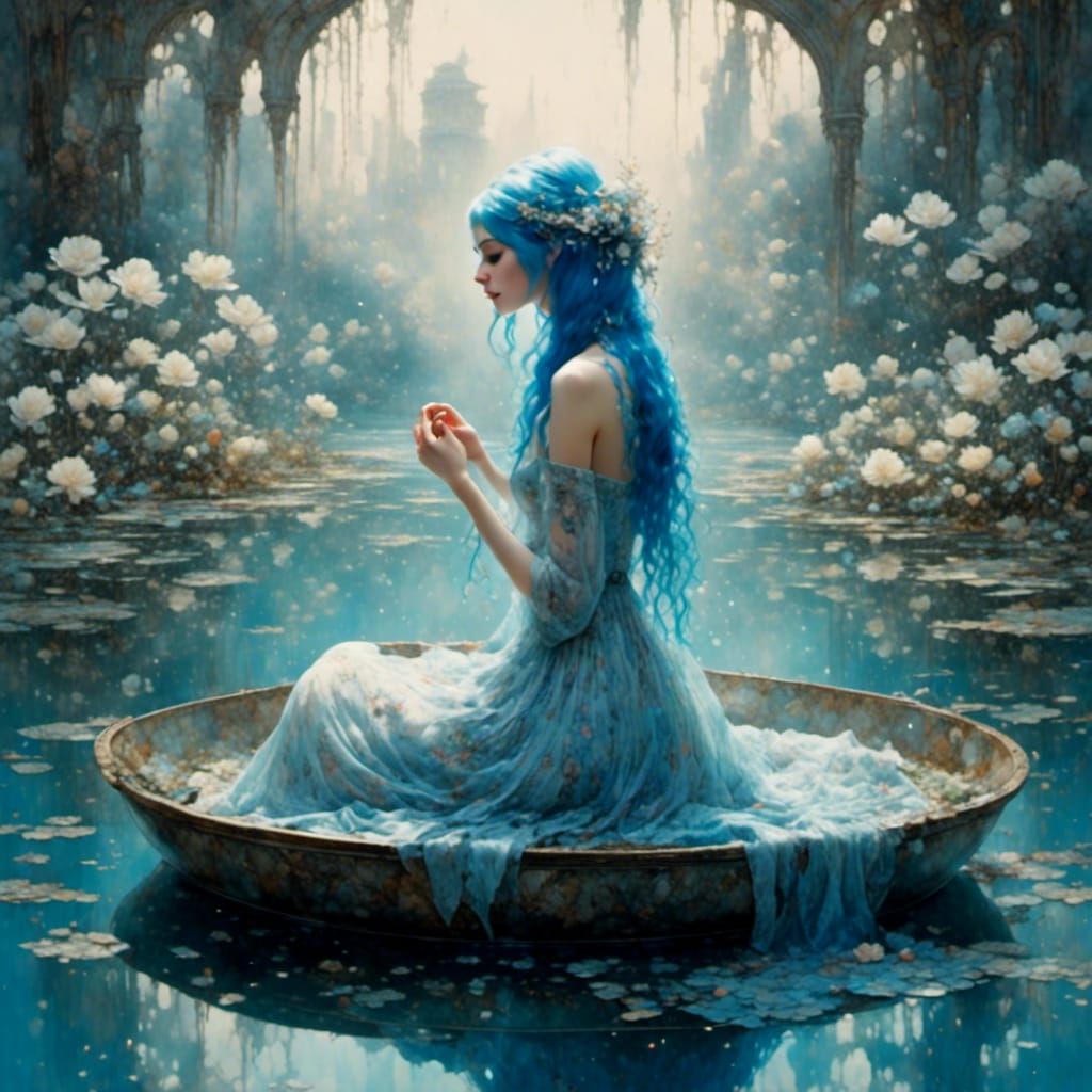 Woman with Blue Hair Above Pond