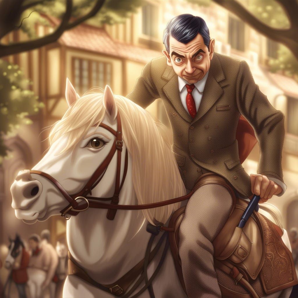 Mr. Bean Rides a Horse in Anime Style