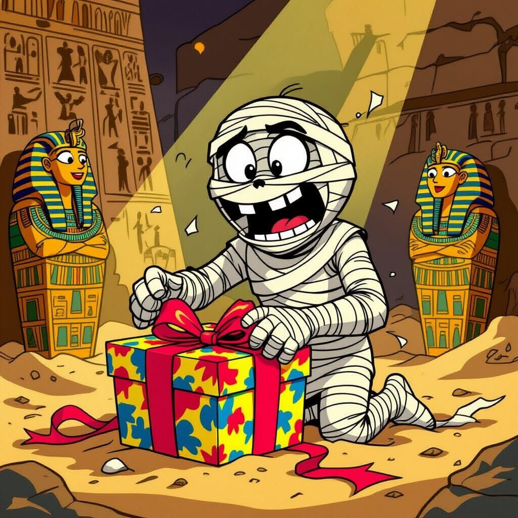 Mummy Unwraps Gift, Gets Tangled in Ribbon Cartoon Style