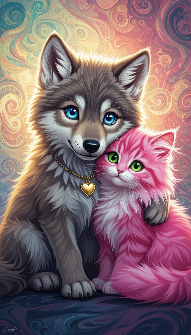 Wolf Pup and Pink Kitty in Graphite and Charcoal Style