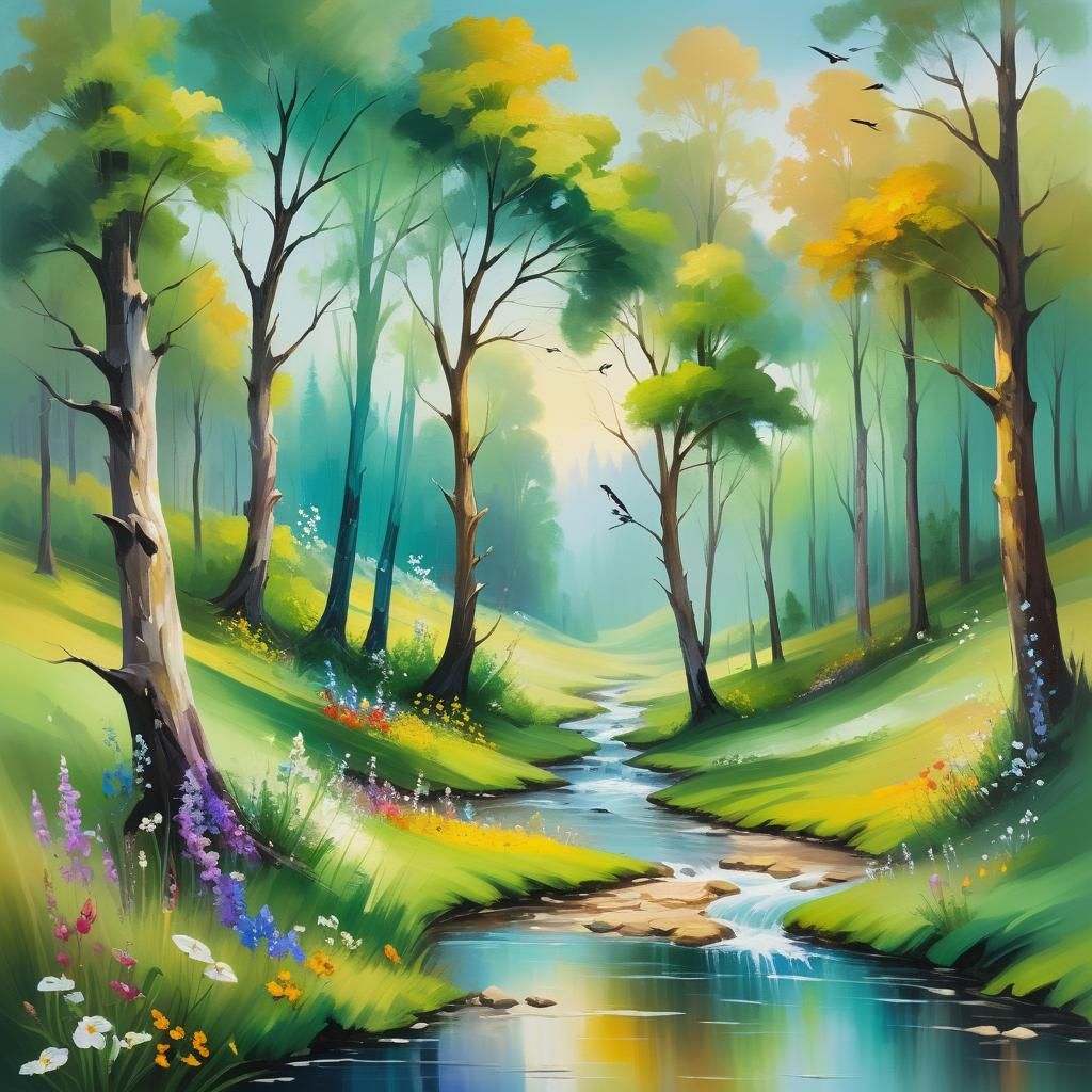 Tranquil Landscape Painting with Azure and Gold Hues