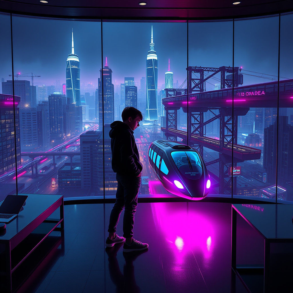 Futuristic Boy with Flying Train in Cyberpunk Cityscape