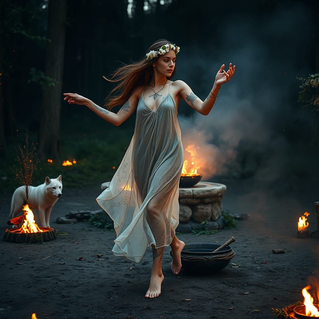 Ethereal Slavic Woman Dances in Summer Solstice Ritual