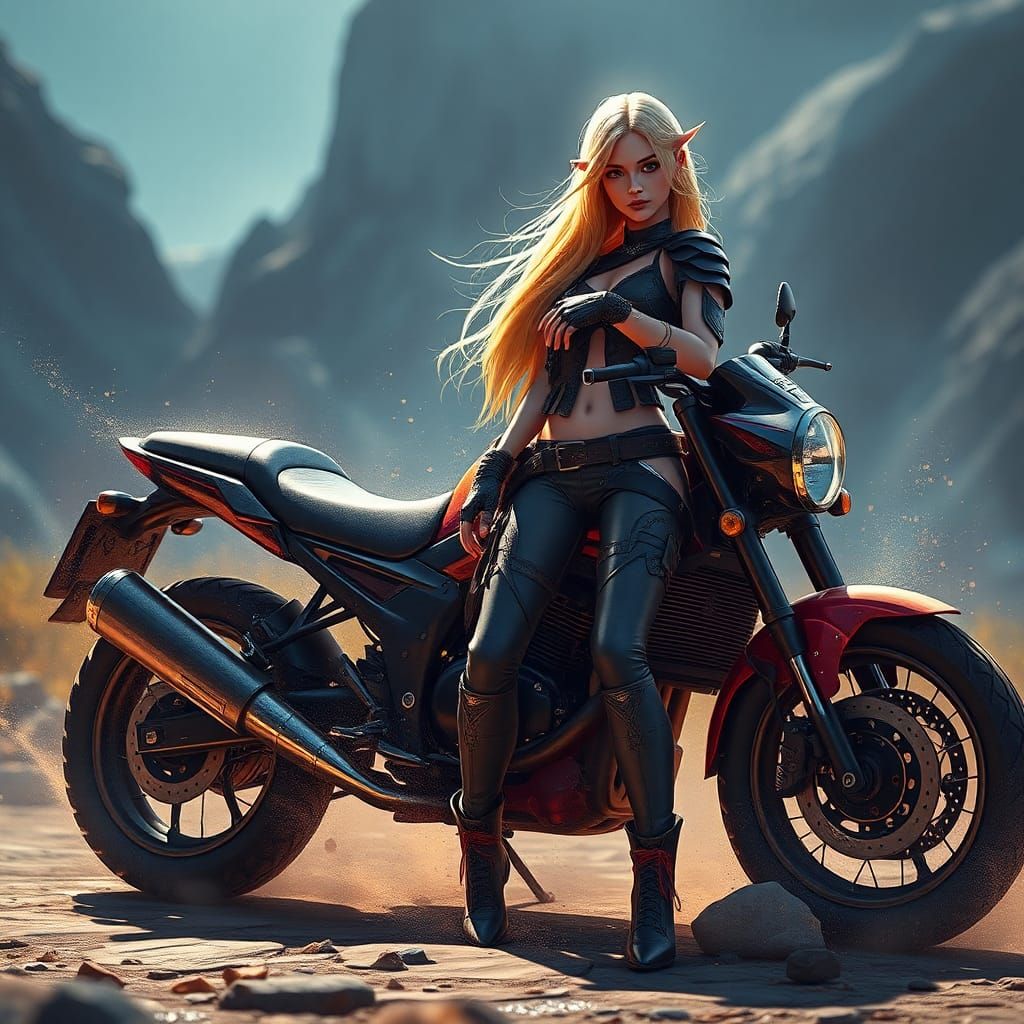 Blonde Girl and Motorcycle in Detailed Matte Painting