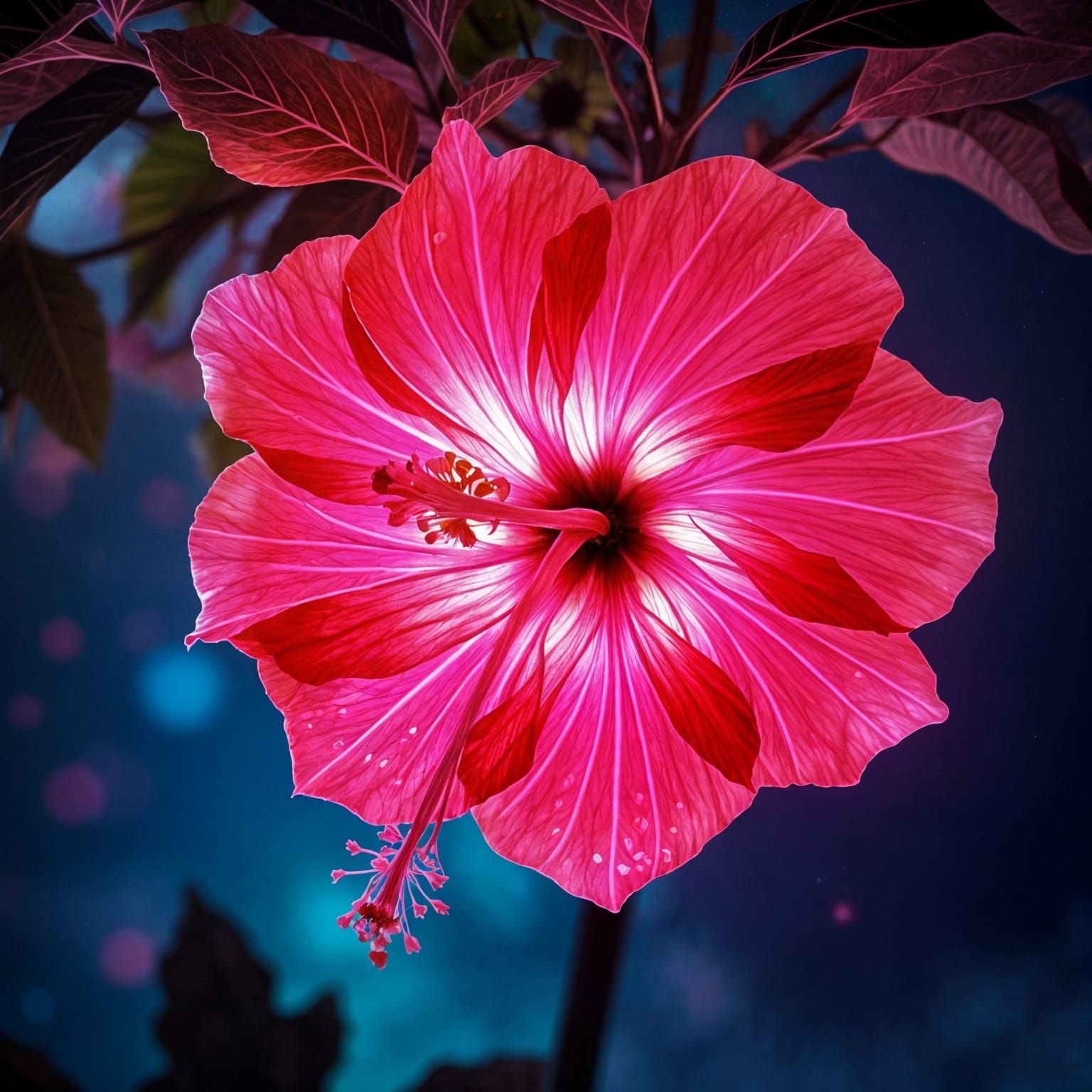 Bioluminescent Hibiscus Tree under Synthwave Sky