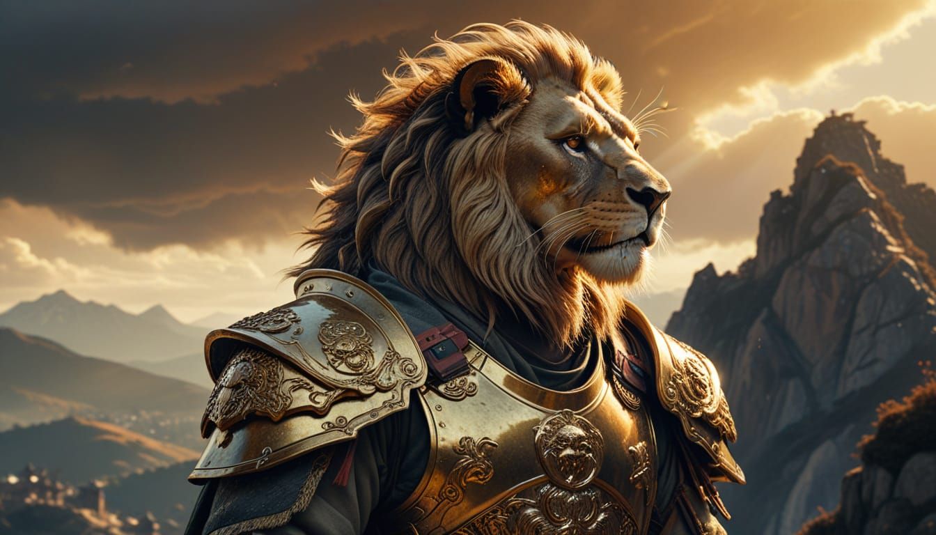 Lion Samurai on Windswept Peak in Golden Light