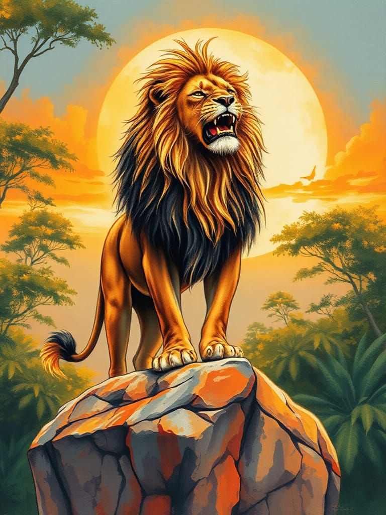 Lion in Jungle: Impressionist Gouache Painting