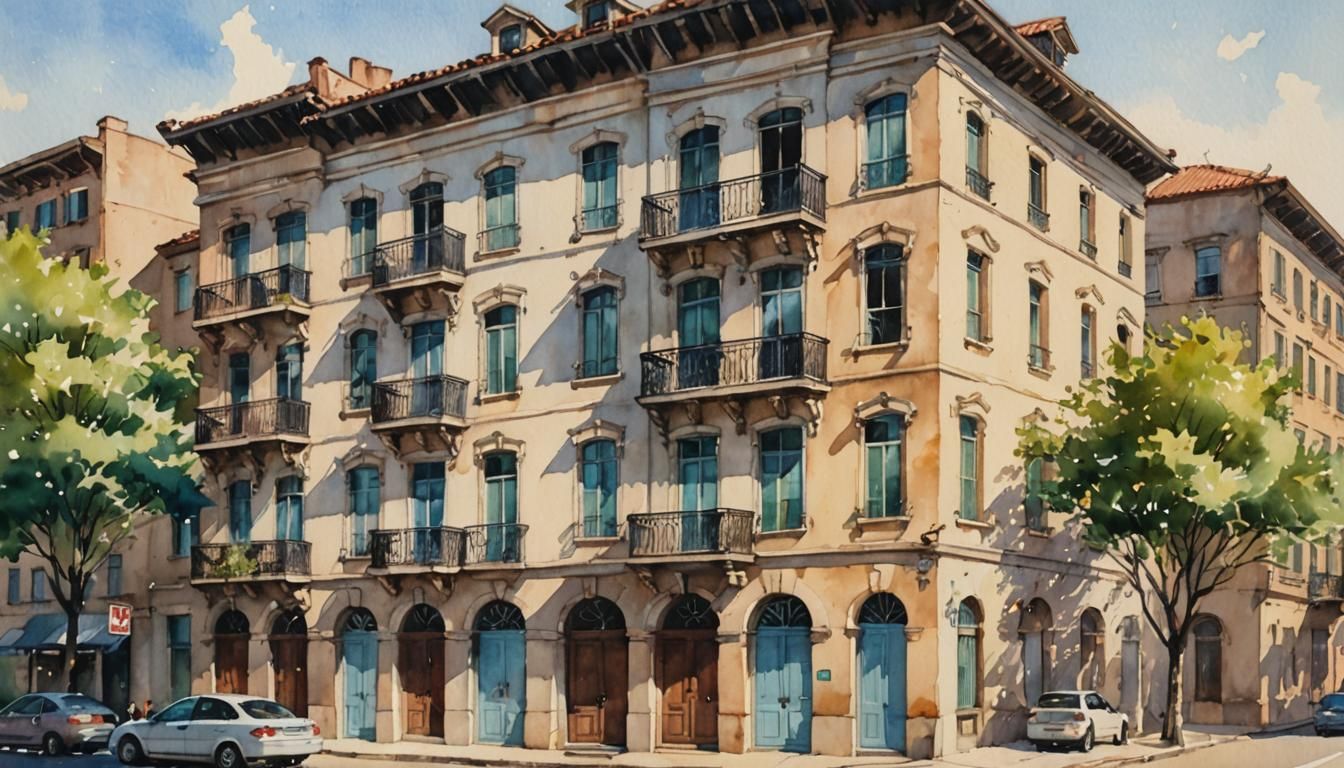 Watercolor Painting of Serene Urban Scene