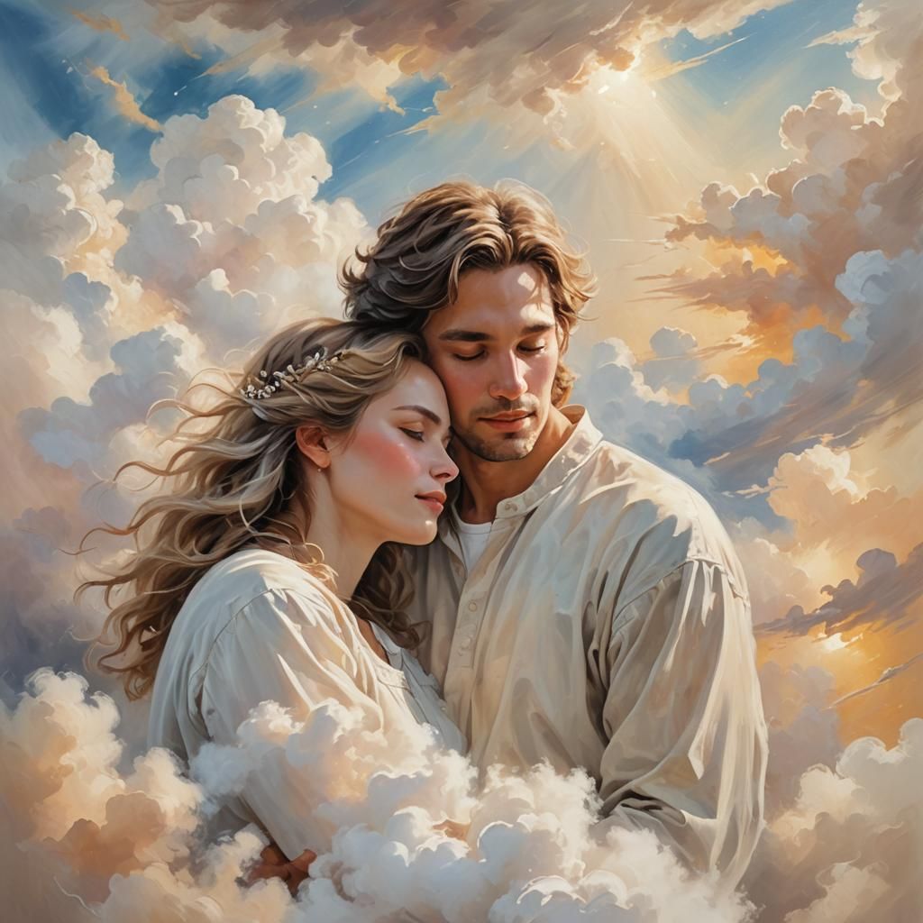 Celestial Couple Embrace: Romantic Oil Painting