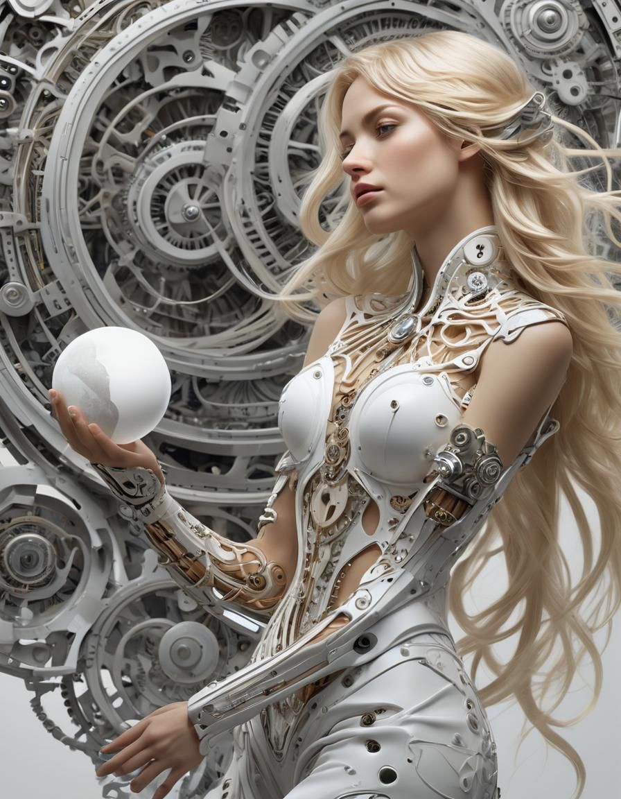 Surreal Woman with Clockwork Arm in Cosmic Style