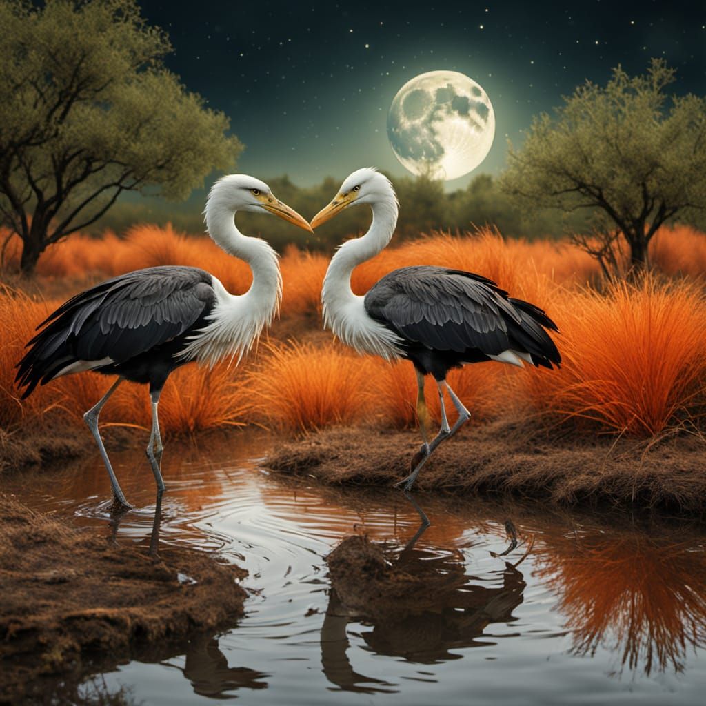 Serene Swamp Reflection at Sunset with Exotic Birds