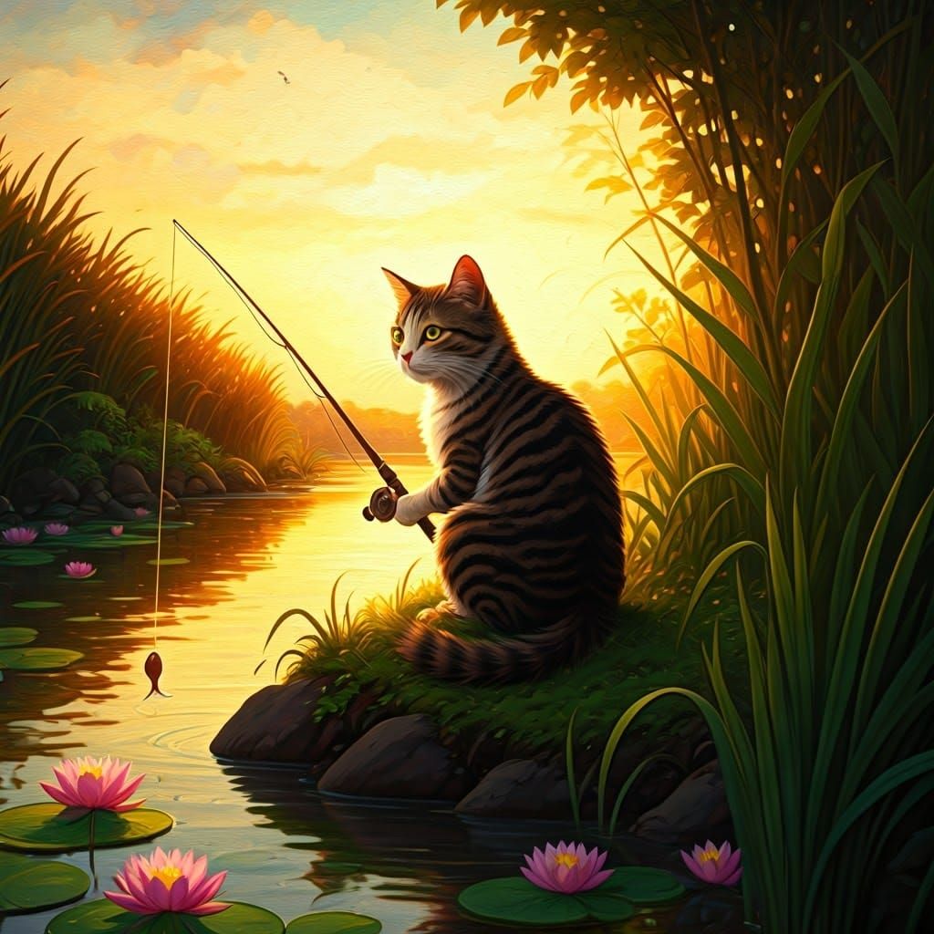 Whimsical Cat Fisherman in Golden Hues