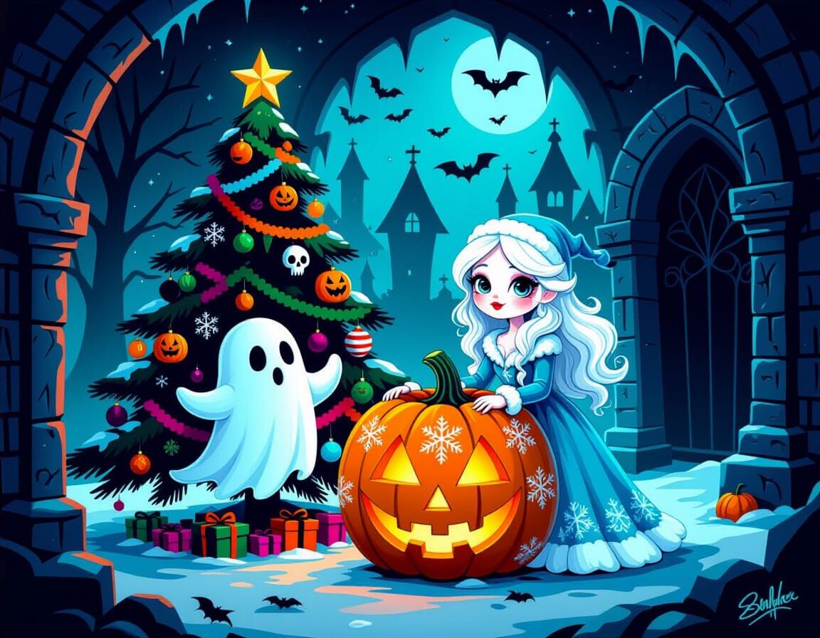 Spooky Christmas Crypt with Ghost and Snow Maiden