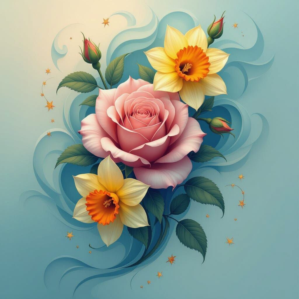 Rose and Daffodil Tattoo in Matte Painting Style