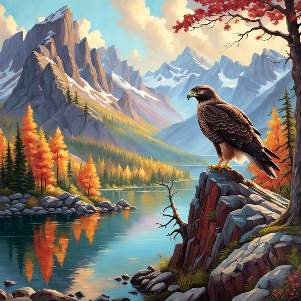 Majestic Hawk Perched on Rocky Mountain Tree