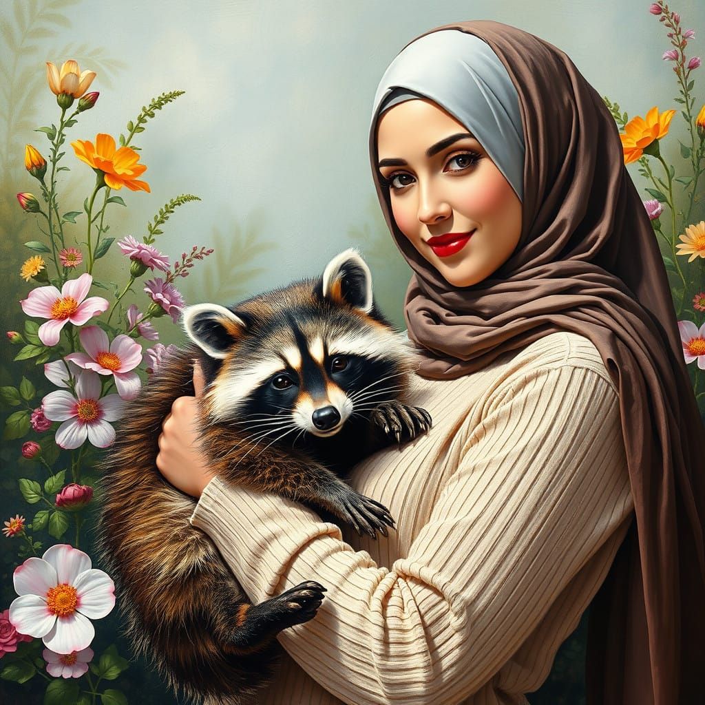 Beautiful Hijabi Woman Holding a Cute Raccoon in a Vibrant F...