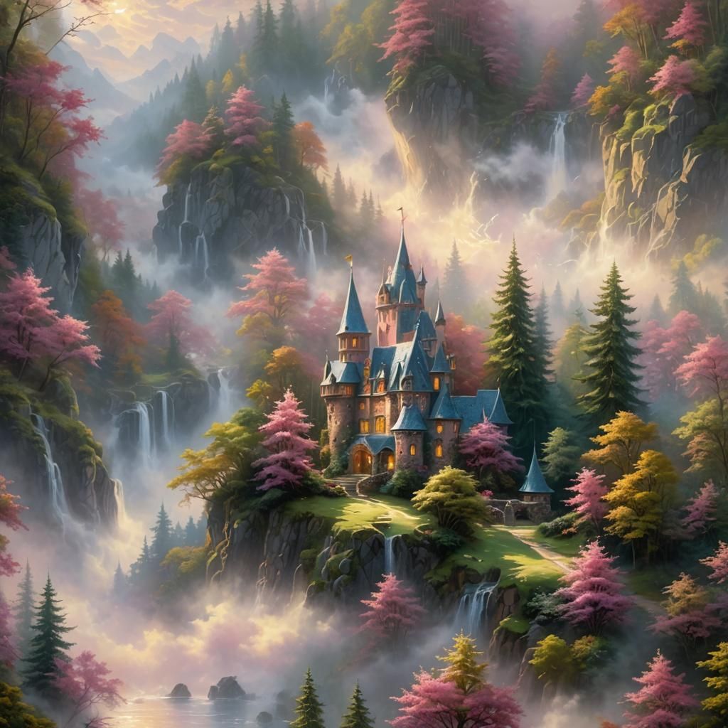 Pink Ethereal Castle in Forest Fantasy