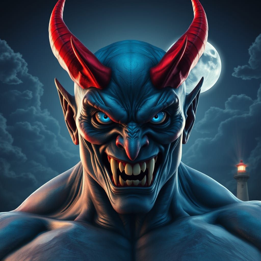 Ethereal Demon Stares Forward Beneath Majestic Night Sky