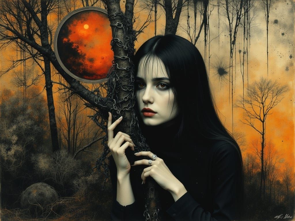 Gothic Woman Portrait in Surreal Forest Sunset