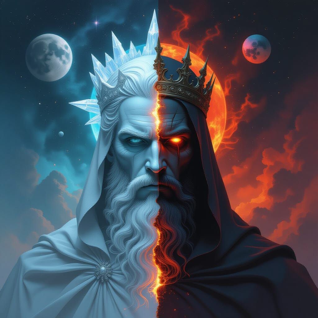 Regal Figure of Ice and Fire in Cosmic Painterly Style