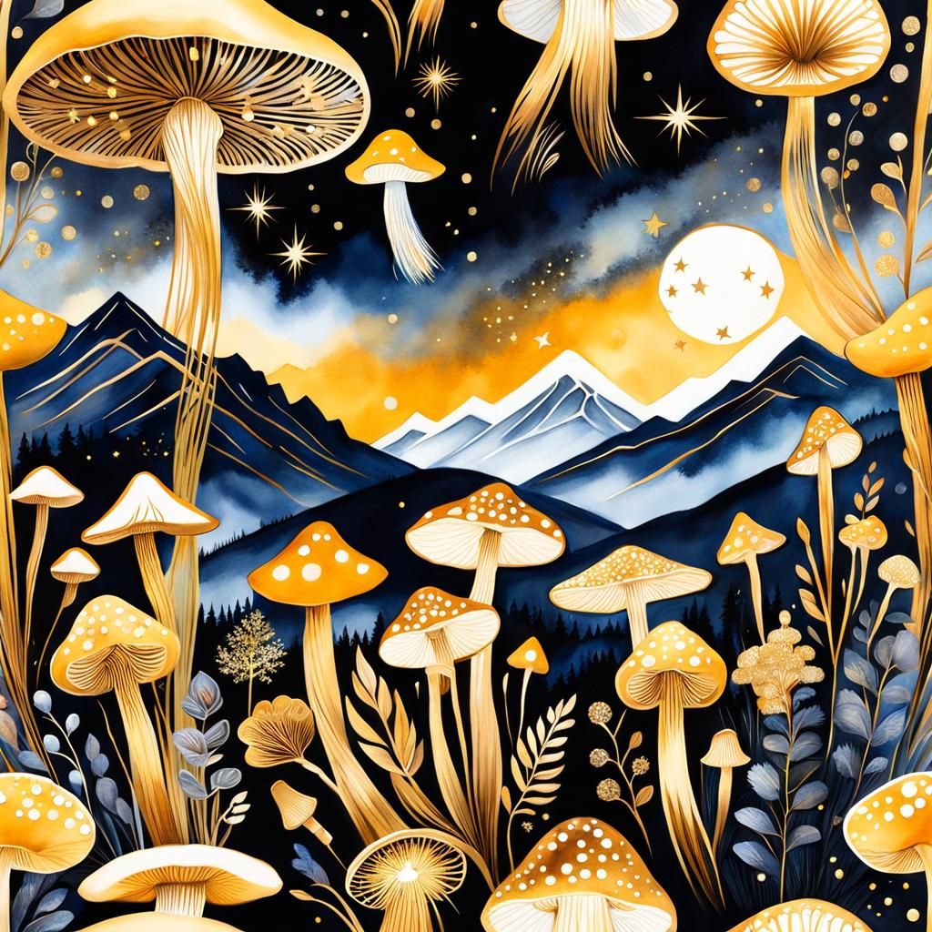 Moonlit Mushroom Field with Gold Sparkles as Watercolor