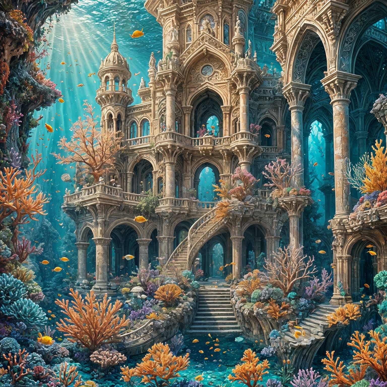 Vibrant Underwater Landscape Oil Painting with Corals