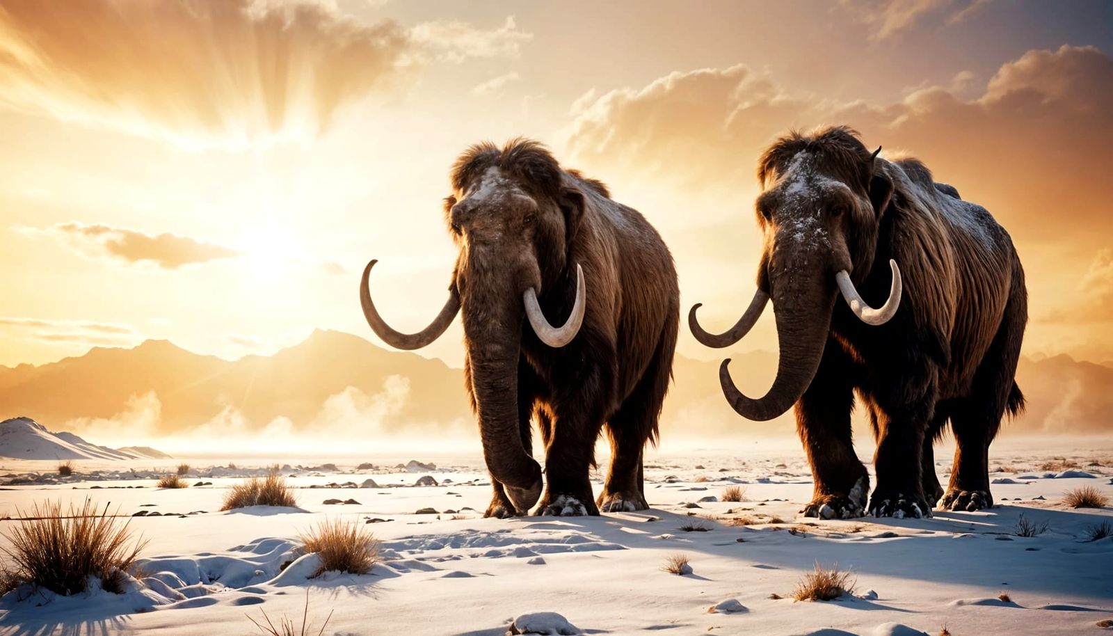 Woolly Mammoths on Snowy Steppe at Twilight
