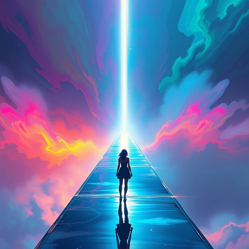 Heroine at the Threshold of a Shimmering Bridge in Neon-Noir...