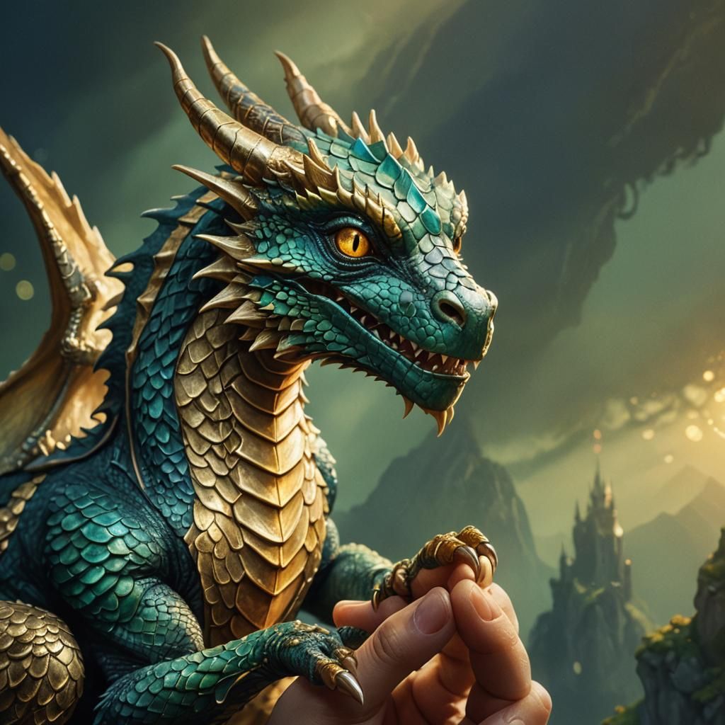 Tiny Dragon Perched on Finger: Fantasy Concept Art