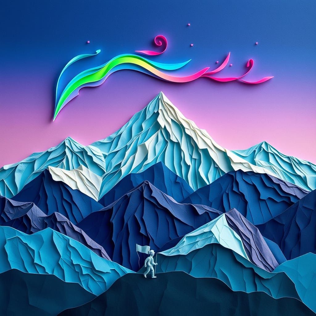 Majestic Paper Mountain Landscape with Origami Hiker