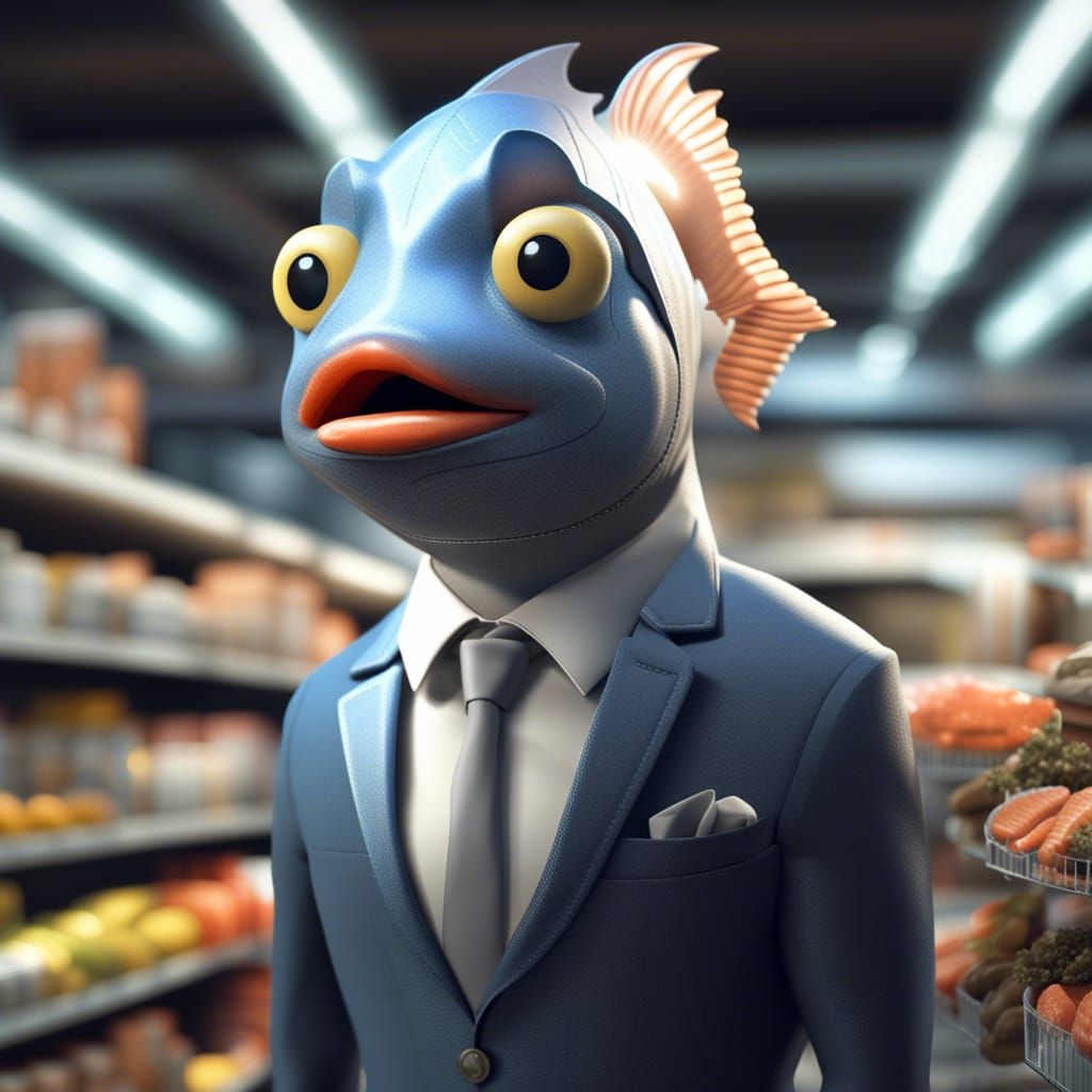Anthropomorphic Fish in a Suit at Grocery Store