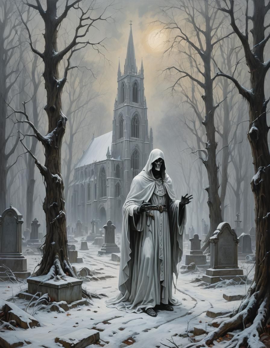 Eerie Winter Graveyard with Grim Reaper and Angel
