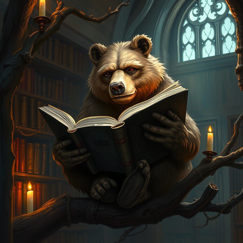 Digital painting. A wise, old, anthropomorphic bear perches on a branch in a hidden library, reading a massive tome, sty...
