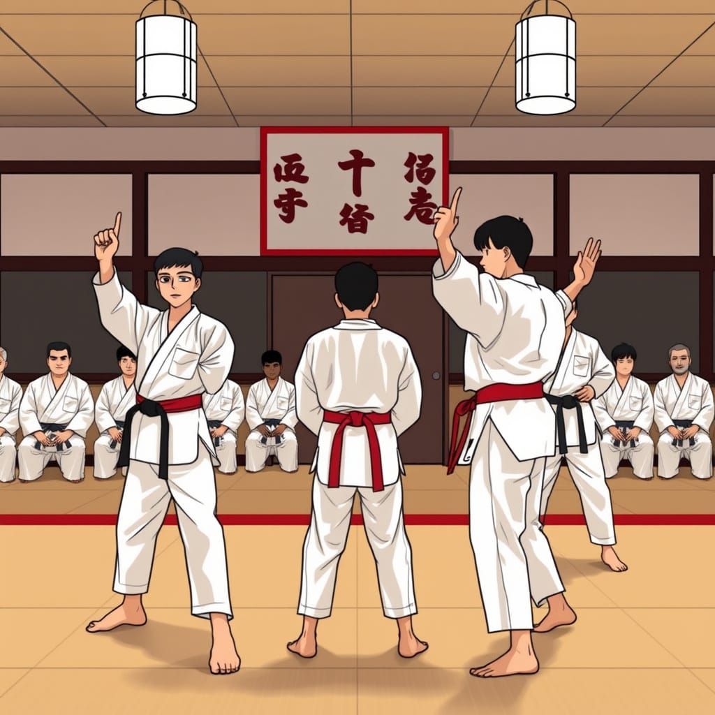 Stylized Dojo with Karate Uniforms in Miyazaki Style