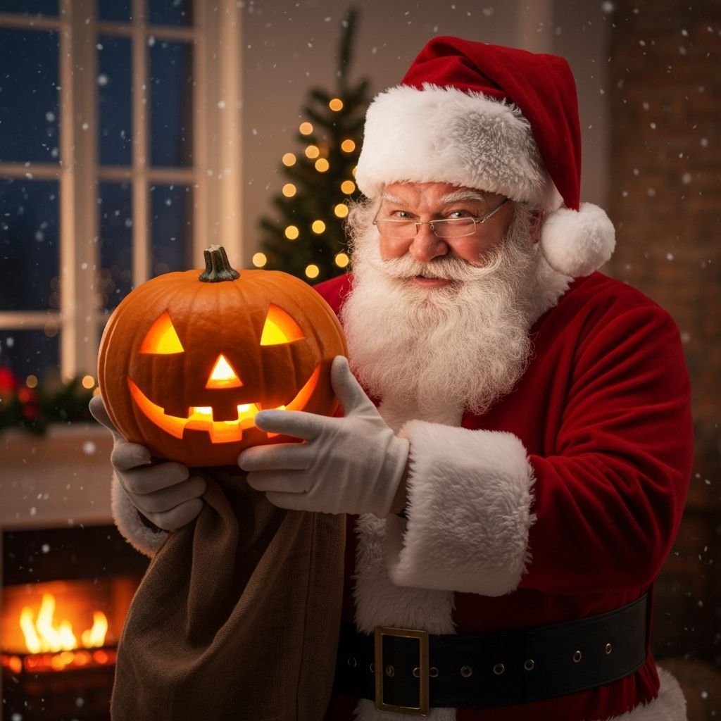 Santa Claus Pulls Glowing Jack-o'-Lantern from Sack