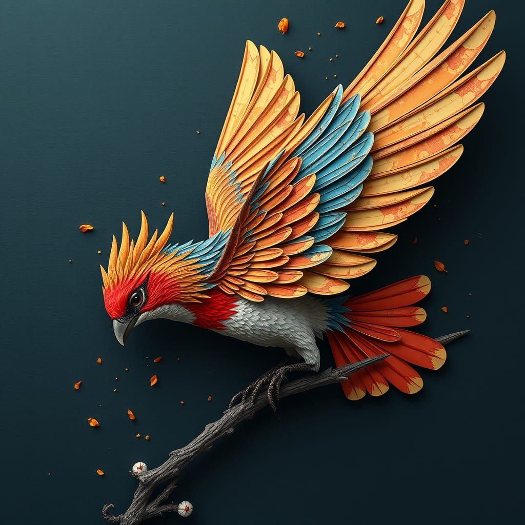Fantastical Paper Bird in Detailed Matte Painting